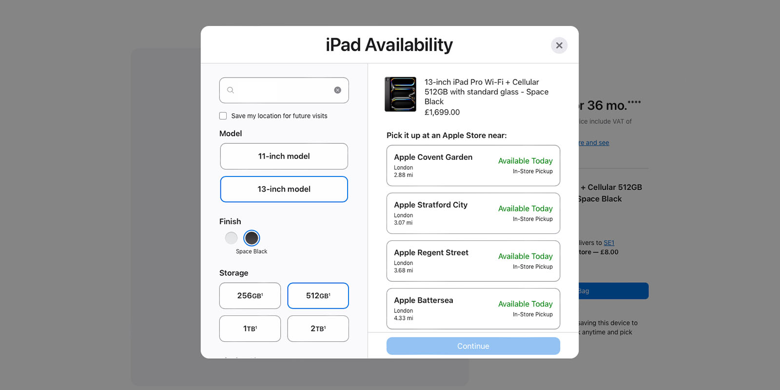 Доступность новых iPad Air и iPad Pro показана на снимке экрана