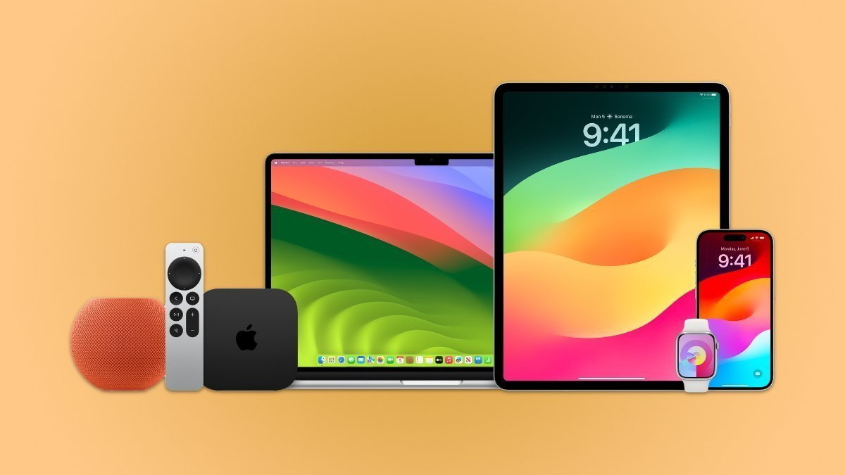Несколько устройств Apple расположены на оранжевом фоне, включая ноутбук, планшет, смартфон, умные часы, динамик, пульт дистанционного управления и черный ящик.