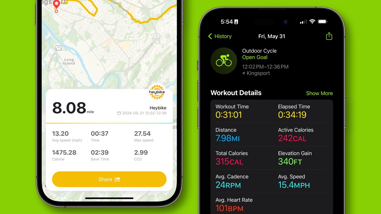 Приложение Heybike слева и Apple Fitnessсправа, оба показывают результаты тренировки.