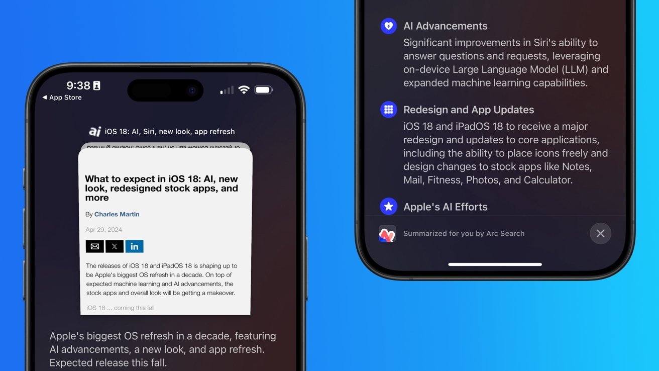 На двух смартфонах показана статья об обновлениях iOS 18, включая достижения в области искусственного интеллекта, новый внешний вид, обновленный дизайн стандартных приложений и другие важные изменения в дизайне приложений «Заметки», «Почта», «Фитнес», «Фотографии» и «Калькулятор».