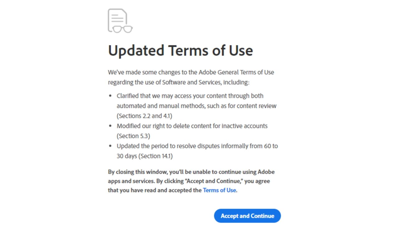 Уведомление об обновленных условиях использования Adobe с описанием основных изменений и синей кнопкой с надписью 