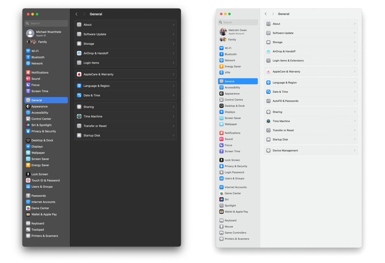 Сравнение панелей настроек macOS в темном и светлом режимах, показывающих такие категории, как Wi-Fi, Bluetooth, «Основные», «Специальные возможности» и другие, в двух разных цветовых темах.