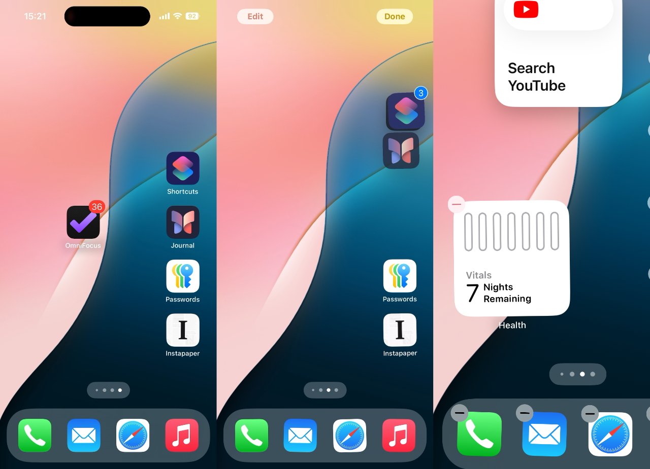 Три главных экрана iPhone со значками различных приложений, включая OmniFocus, Ярлыки, Журнал, Пароли и Instapaper. Значки уведомлений появляются на значках некоторых приложений.