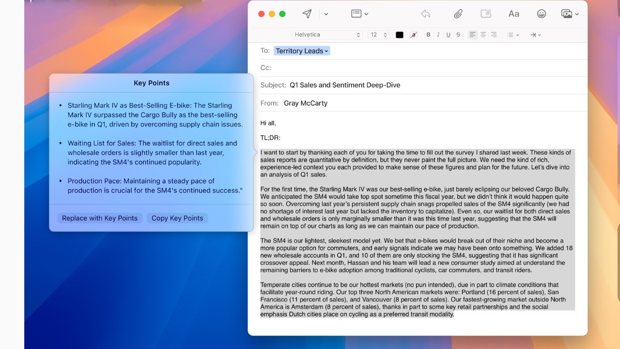 В новой macOS Sequoia инструменты письма Apple Intelligence можно использовать для суммирования текста.
