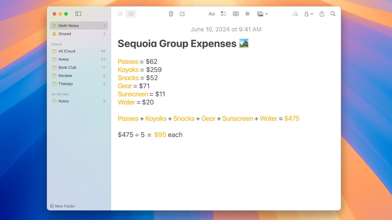 В цифровой заметке под названием «Расходы Sequoia Group» указана стоимость: билеты — 62 доллара, каяки — 259 долларов, закуски — 52 доллара, снаряжение — 71 доллар, солнцезащитный крем — 11 долларов, вода — 20 долларов. Итого 475 долларов США, разделенные на 5, равны 95 долларам США каждый.