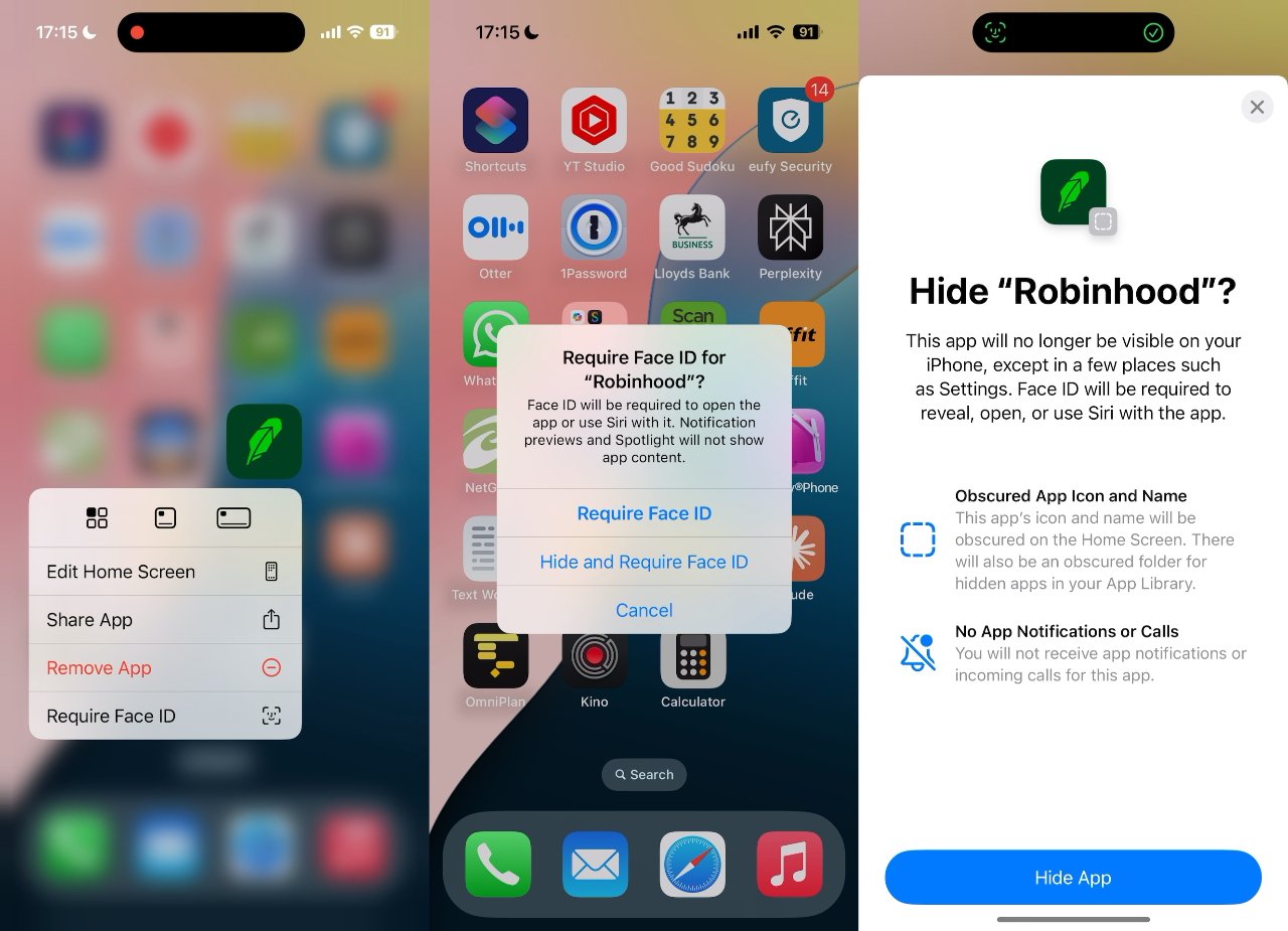 На экране отображаются параметры, позволяющие требовать Face ID для приложения Robinhood на iPhone, включая скрытие приложения с главного экрана.