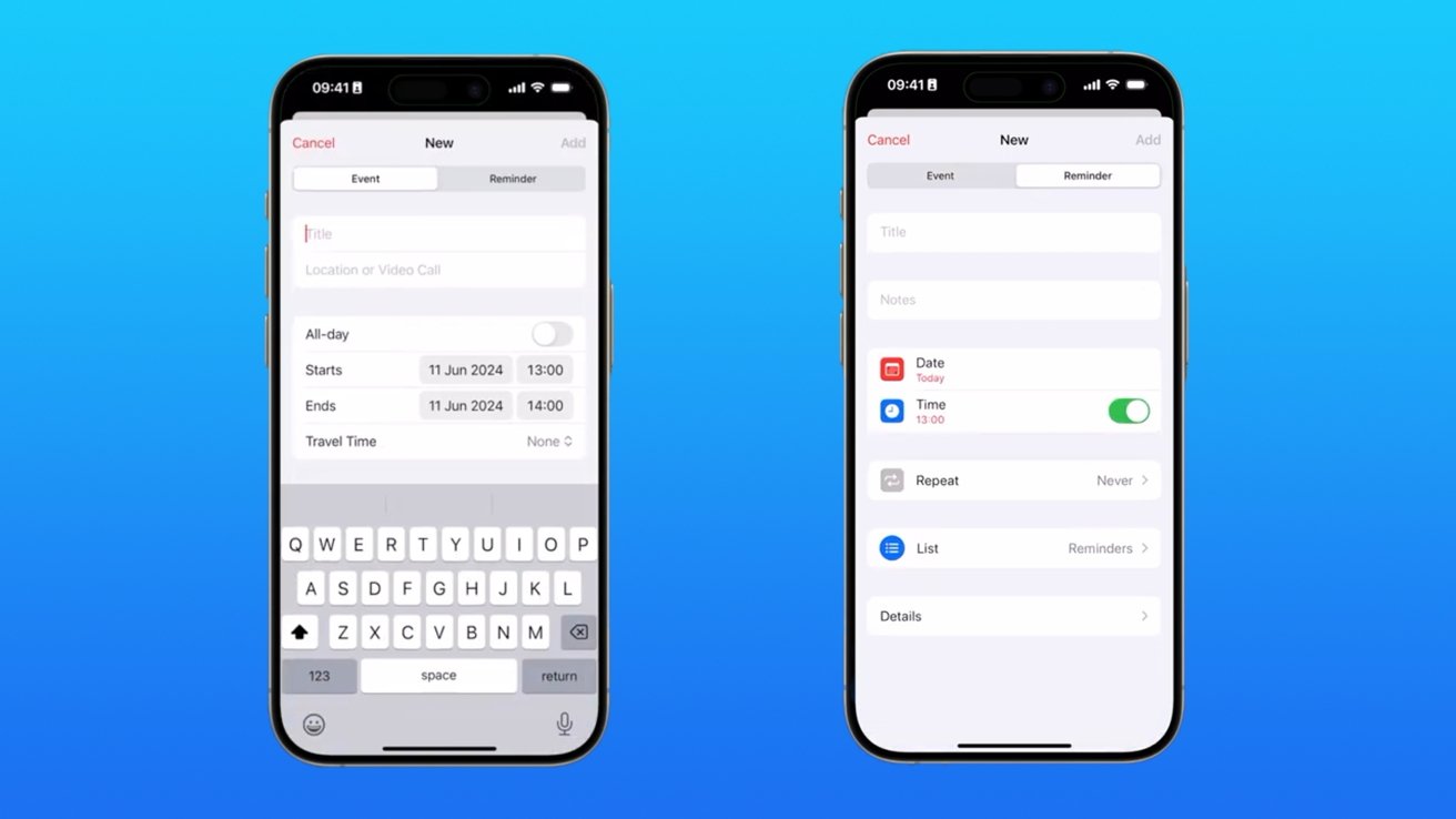 На двух смартфонах показаны экраны создания событий с указанием даты, времени, местоположения и напоминаний на синем градиентном фоне.