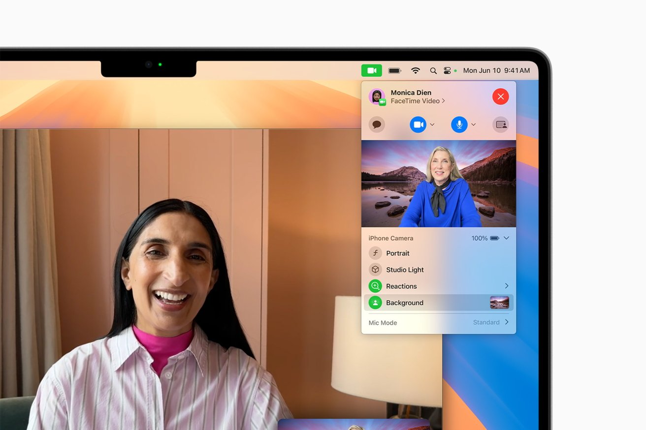 Две женщины во время видеозвонка FaceTime. Один говорит, другой показан в окне меньшего размера на пейзажном фоне. Отображаются встроенные элементы управления.