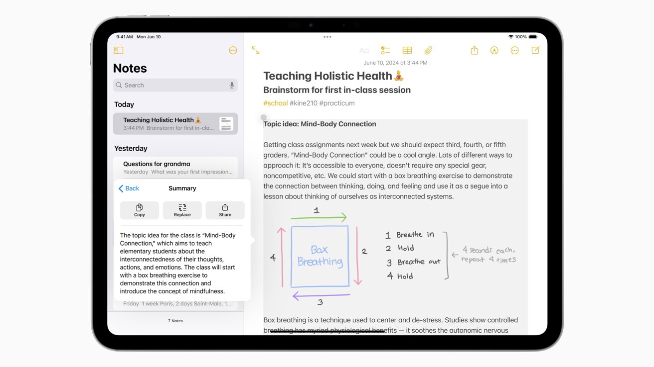 Снимок экрана Apple Notes с открытым окном обобщения
