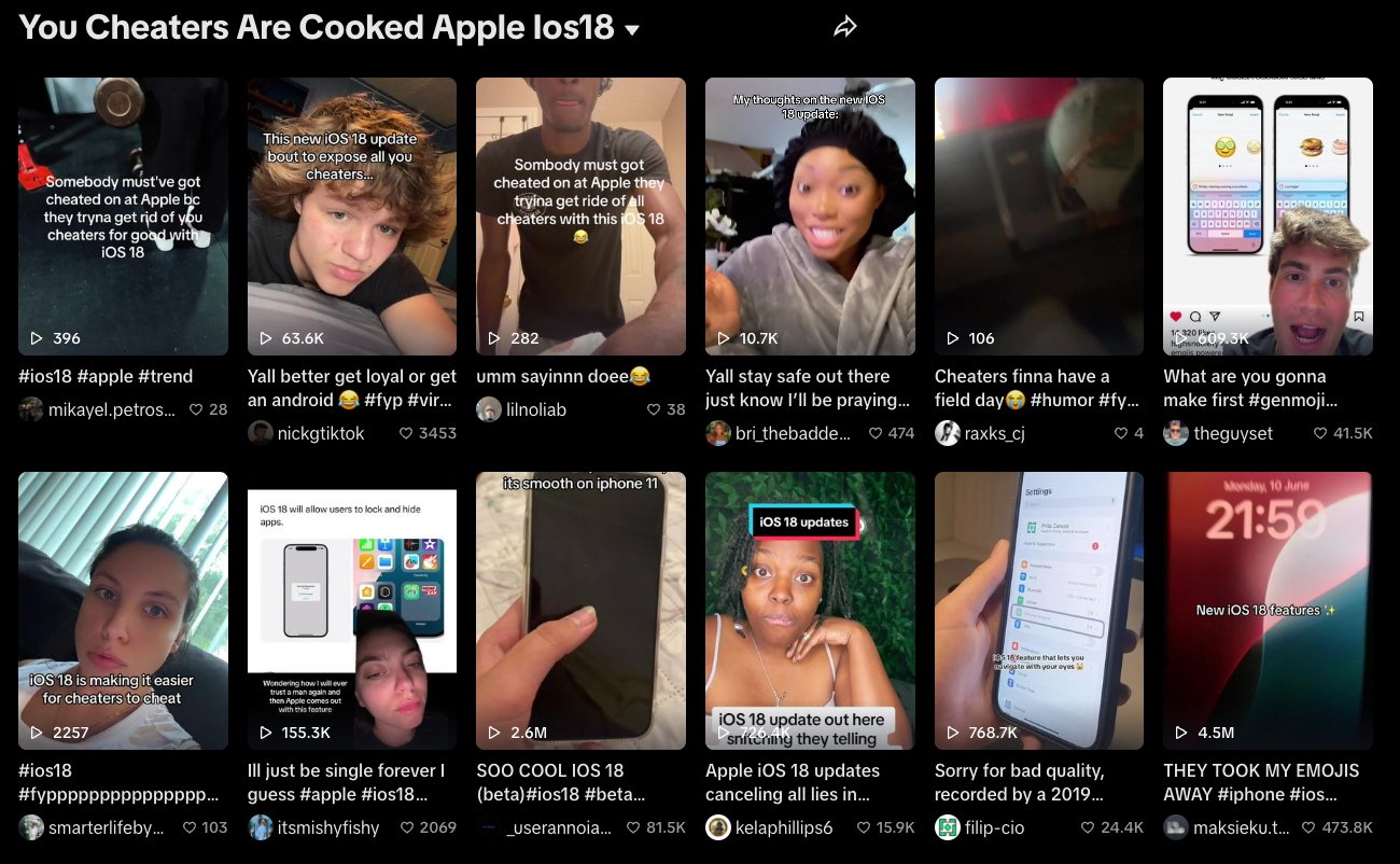 Сетка публикаций в социальных сетях, обсуждающих новое обновление Apple iOS 18, где люди делятся своими реакциями с помощью коротких видеороликов и текстовых наложений.