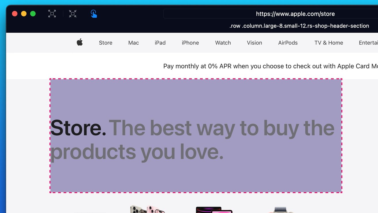 Веб-сайт Apple с навигационными ссылками для Store, Mac, iPad, iPhone, Watch, Vision, AirPods. Рекламный слоган: «Лучший способ купить любимые товары».