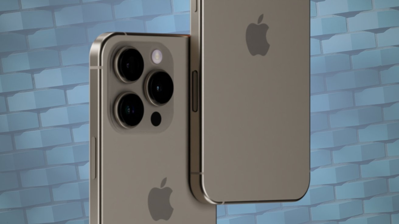 Два смартфона с заметными камерами и логотипами Apple, один из которых показывает заднюю часть, а другой расположен под углом, чтобы отображать боковые кнопки, на синем текстурированном фоне.