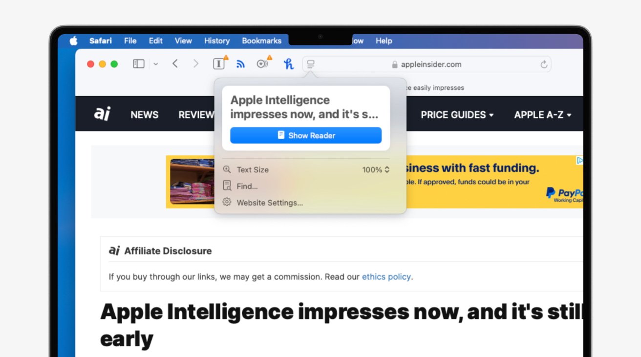 Веб-страница, отображаемая в браузере Safari, со статьей об Apple Intelligence.  Подсвечена подсказка режима чтения с параметрами размера текста, поиска и настроек веб-сайта.