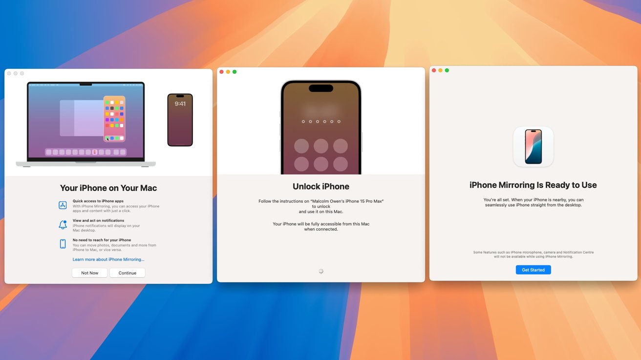 Три экрана Mac, показывающие настройку зеркалирования iPhone: первый для доступа к приложениям iPhone, второй для разблокировки iPhone, третий для подтверждения готовности зеркалирования с помощью кнопки «Начать».