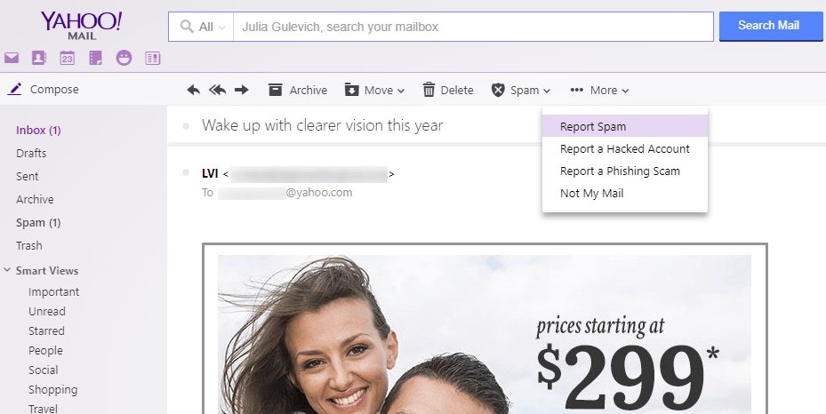 Скриншот почтового ящика Yahoo Mail с рекламой услуг по коррекции зрения по цене от 299 долларов.