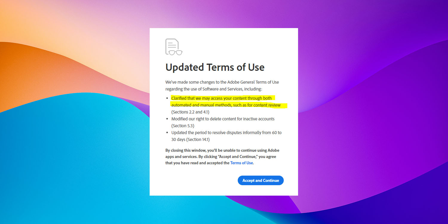 Изменение условий использования Adobe |  Предупреждающее сообщение