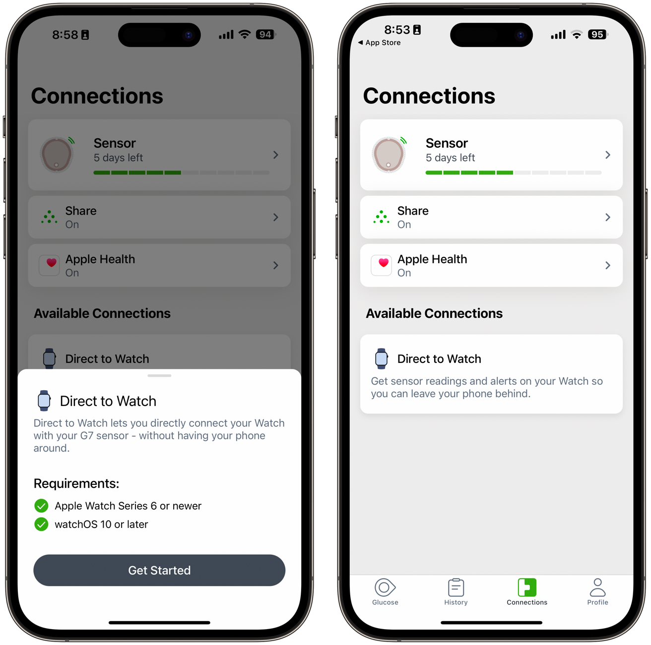 Снимки экрана установки, показывающие настройку Dexcom G7 на Apple Watch.