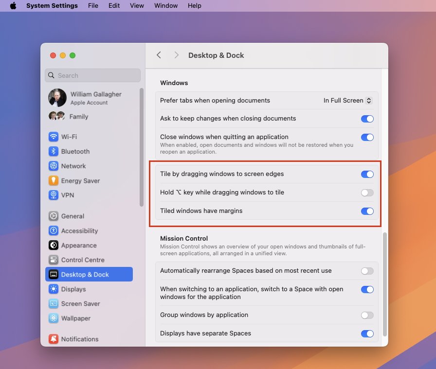 Окно настроек системы Mac с параметрами «Рабочий стол и док-панель» с переключателями для размещения окон в мозаике и настройками.