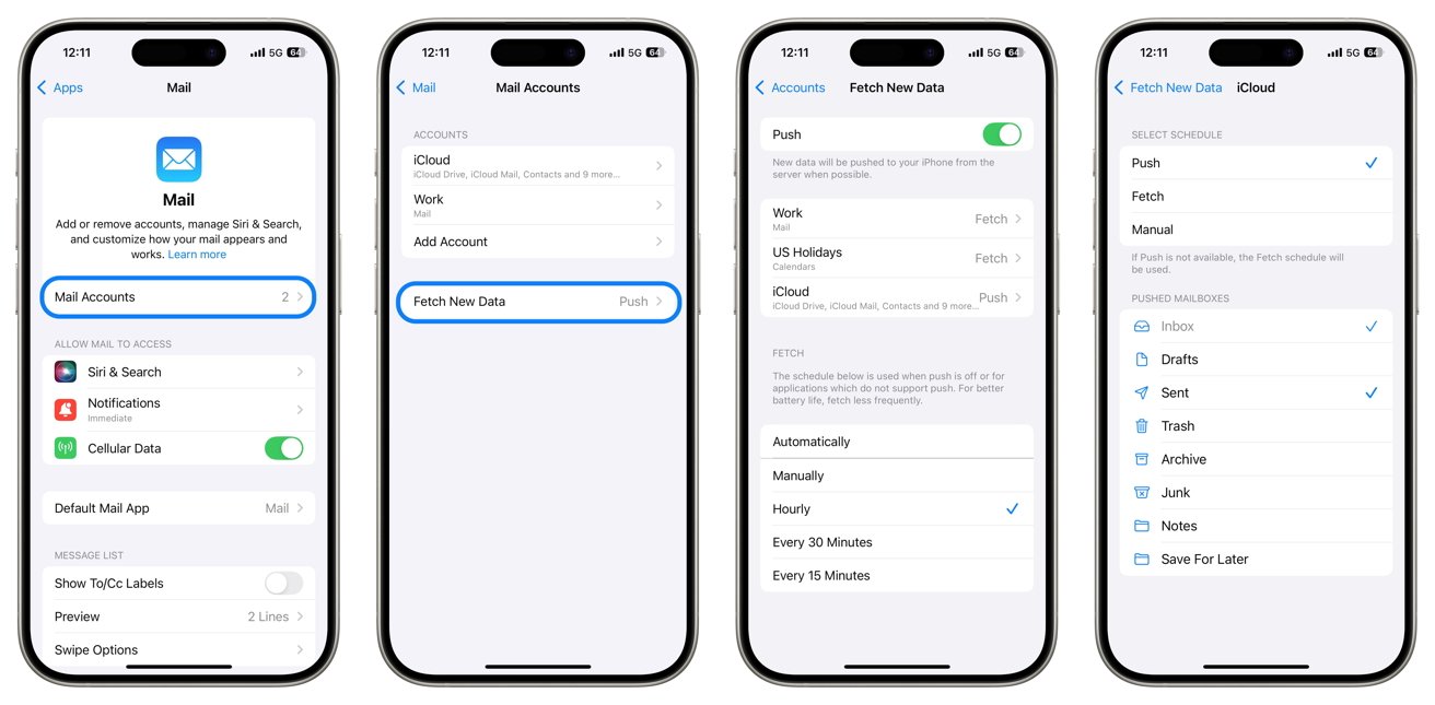 Четыре экрана iPhone, на которых показаны настройки почты, параметры учетной записи, параметры извлечения данных и параметры синхронизации почтового ящика iCloud, включая параметры Push, Fetch и ручного управления.