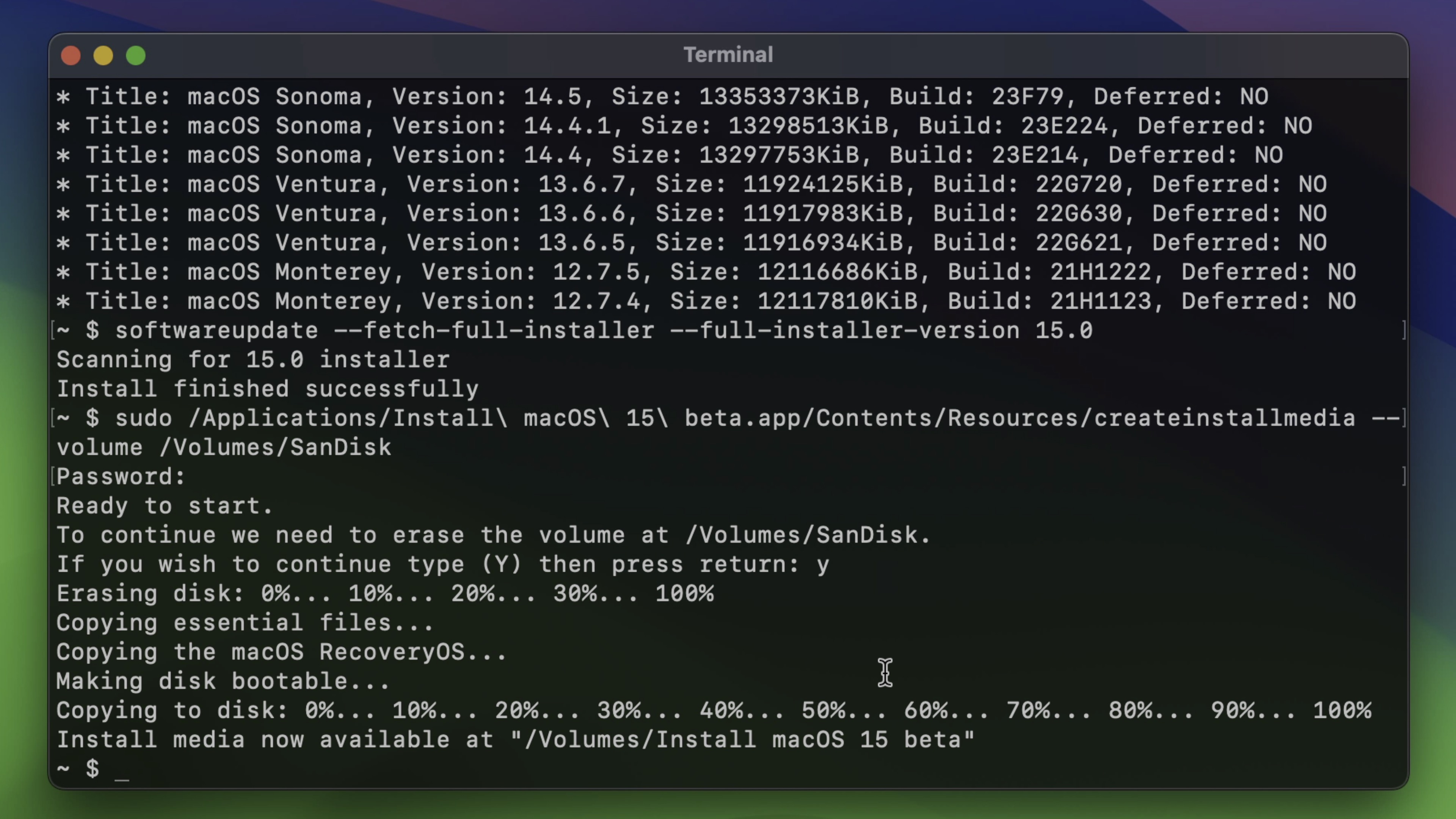 Установочный USB-диск createinstallmedia завершен для macOS Sequoia