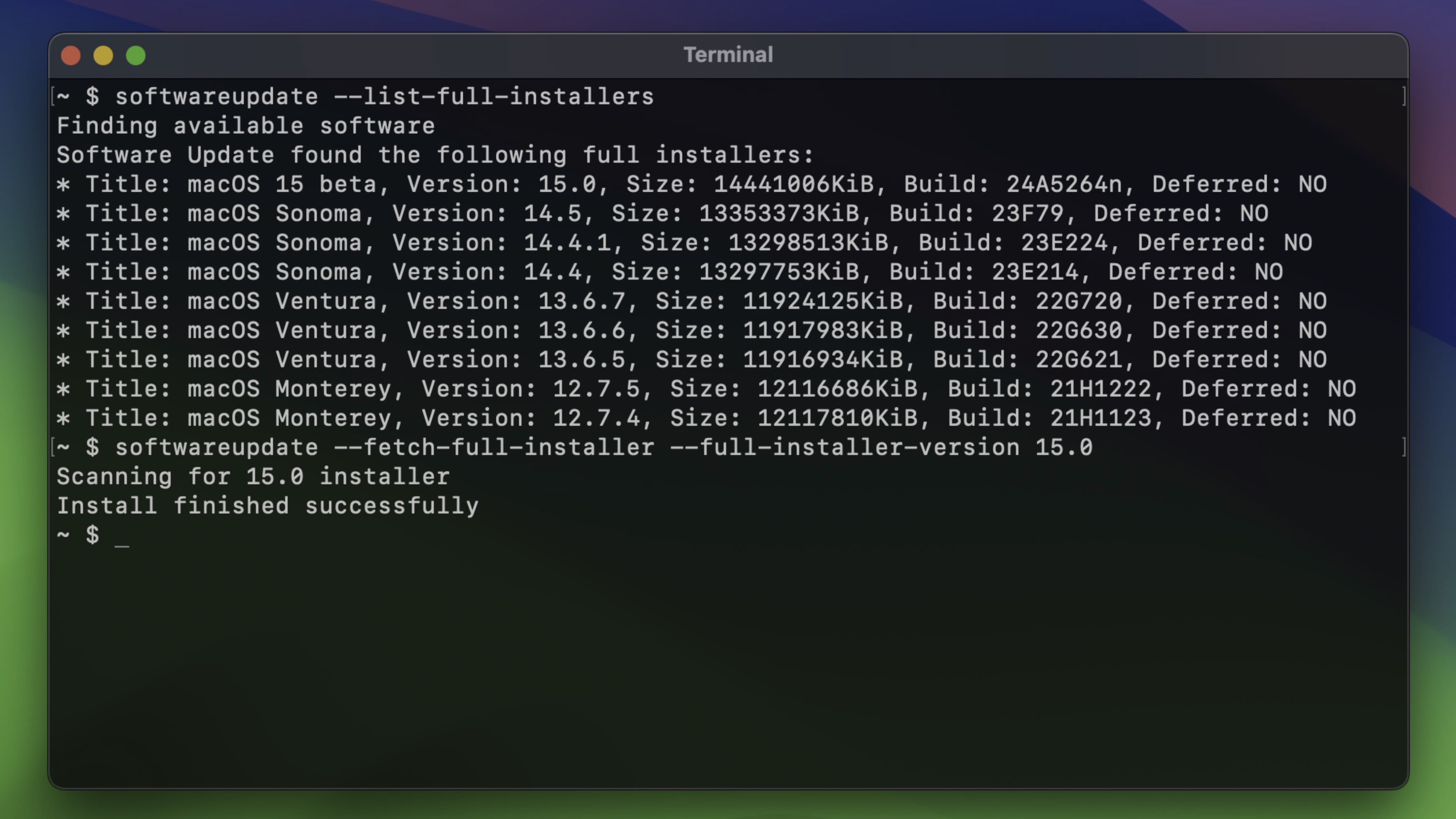 softwareupdate терминал получить полный установщик macOS Sequoia