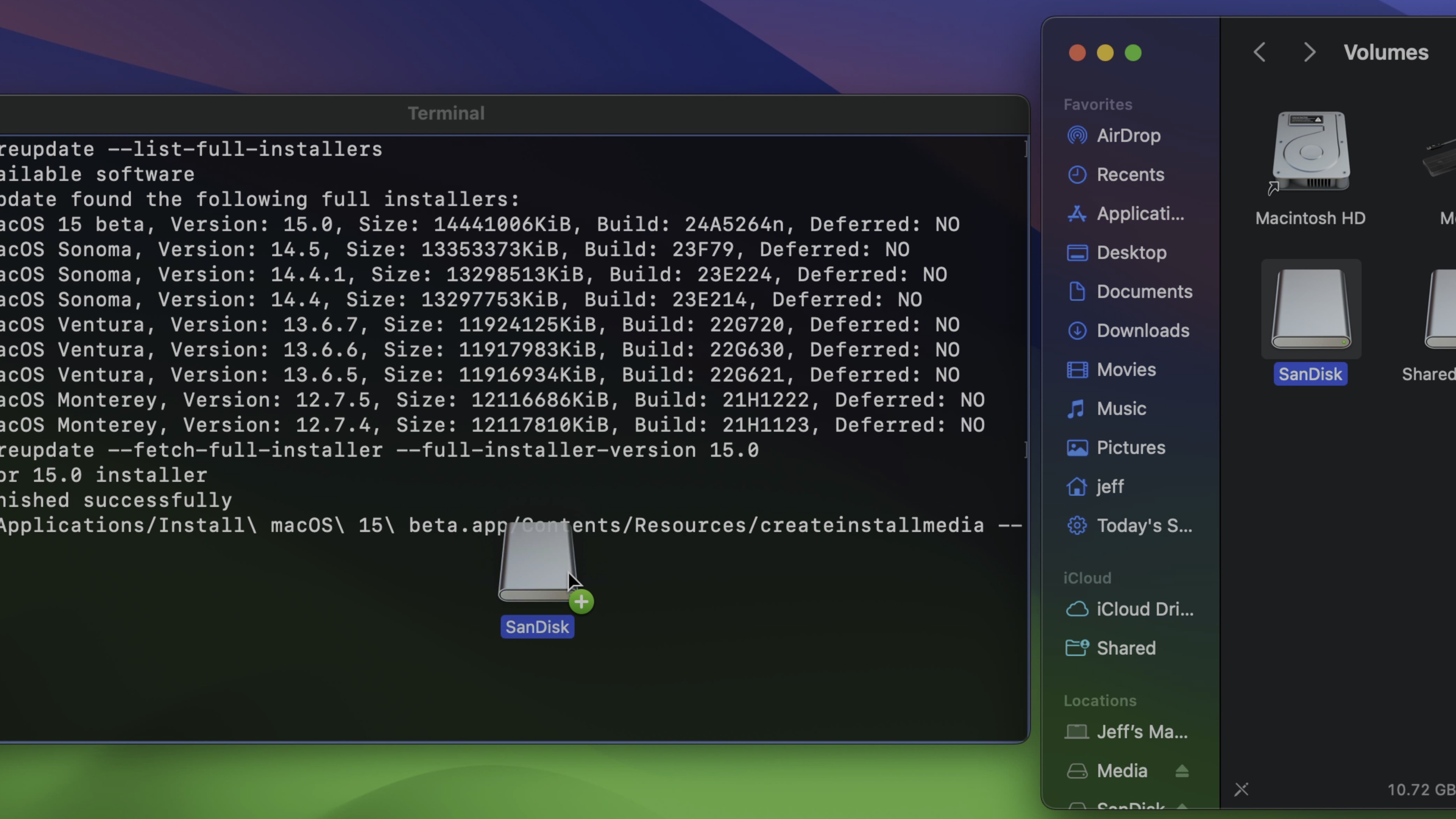 Установочный USB-диск macOS Sequoia — перетаскивание тома USB Создание установочного носителя