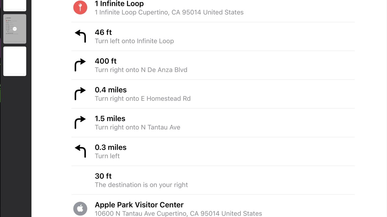 Инструкции по проезду до 1 Infinite Loop, Купертино, Калифорния, с указанием конкретных поворотов и расстояний, заканчивающиеся у центра для посетителей Apple Park.