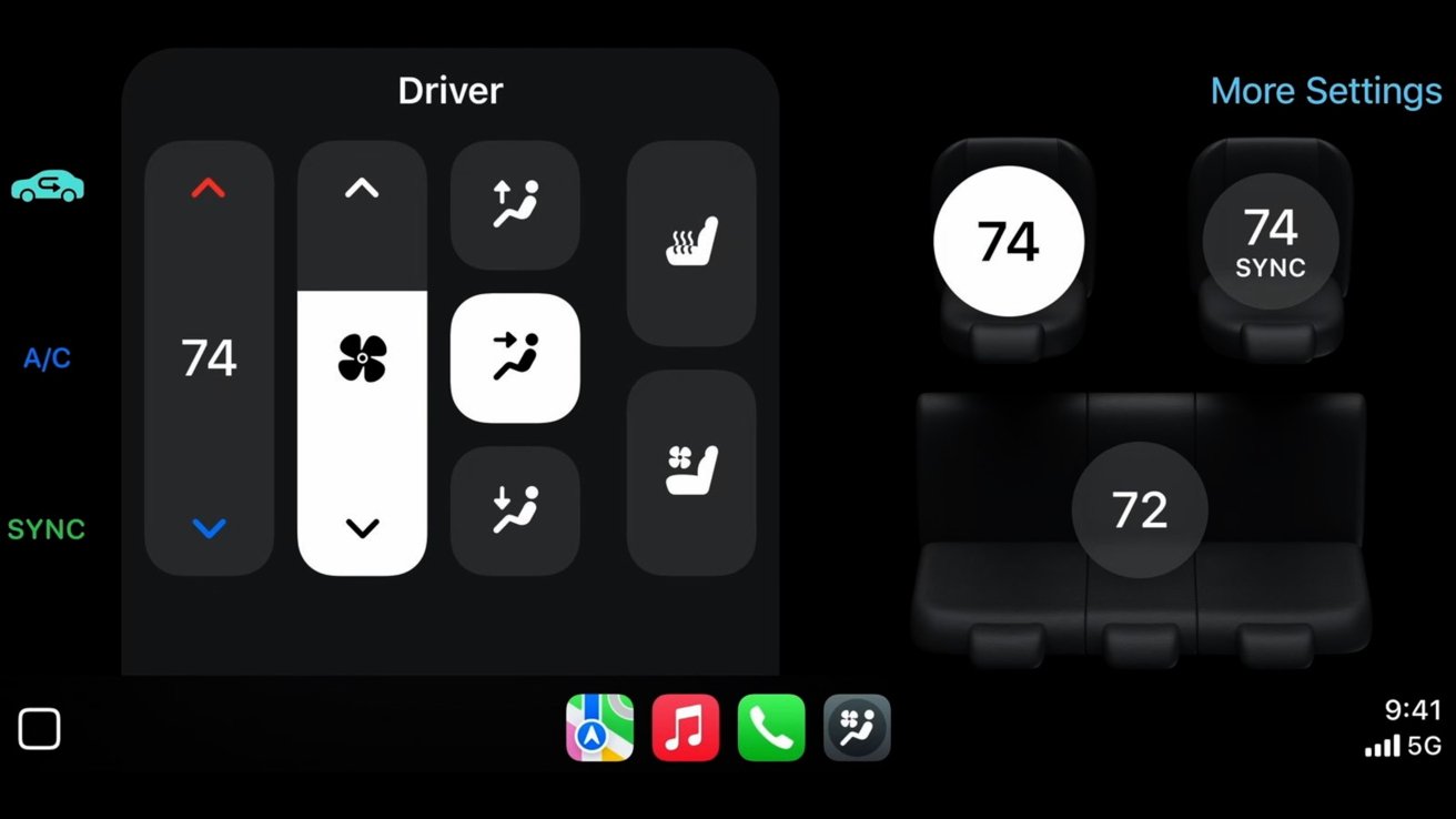 Новый интерфейс CarPlay, который отображает текущие настройки температуры внутри автомобиля