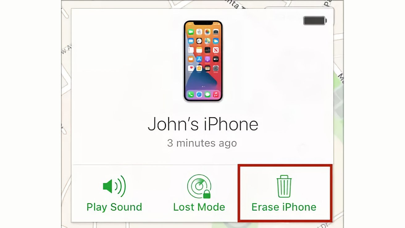 Вид, как стереть данные iPhone в Find My