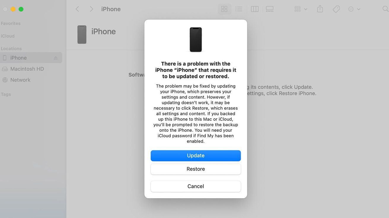 Finder с iPhone, который сбрасывается