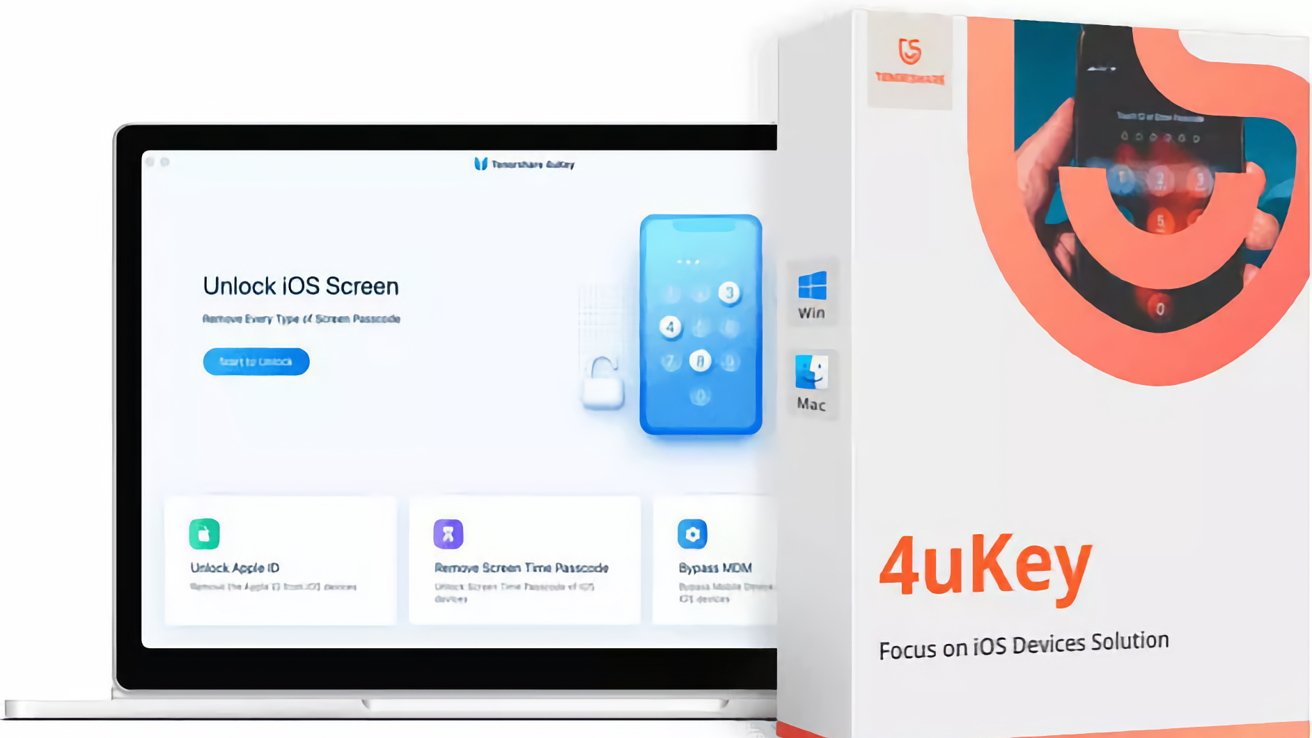 Программное обеспечение Tenorshare 4uKey, показанное на коробке перед компьютером