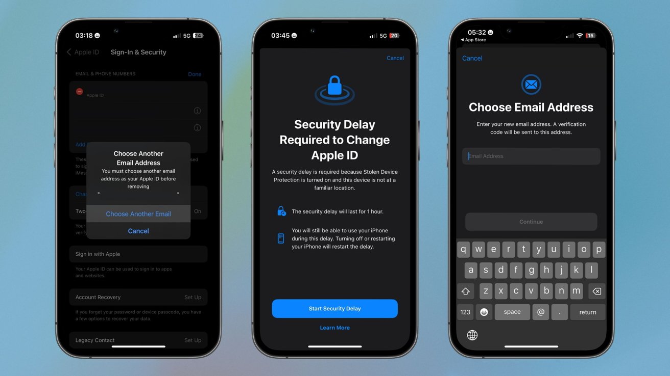 Три iPhone, на которых показаны шаги по изменению адреса электронной почты Apple ID с помощью функции защиты от кражи устройства.