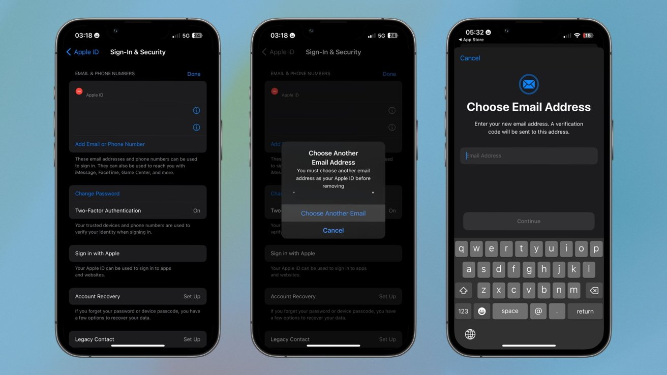 Три iPhone, на которых показаны шаги по изменению адреса электронной почты Apple ID. 