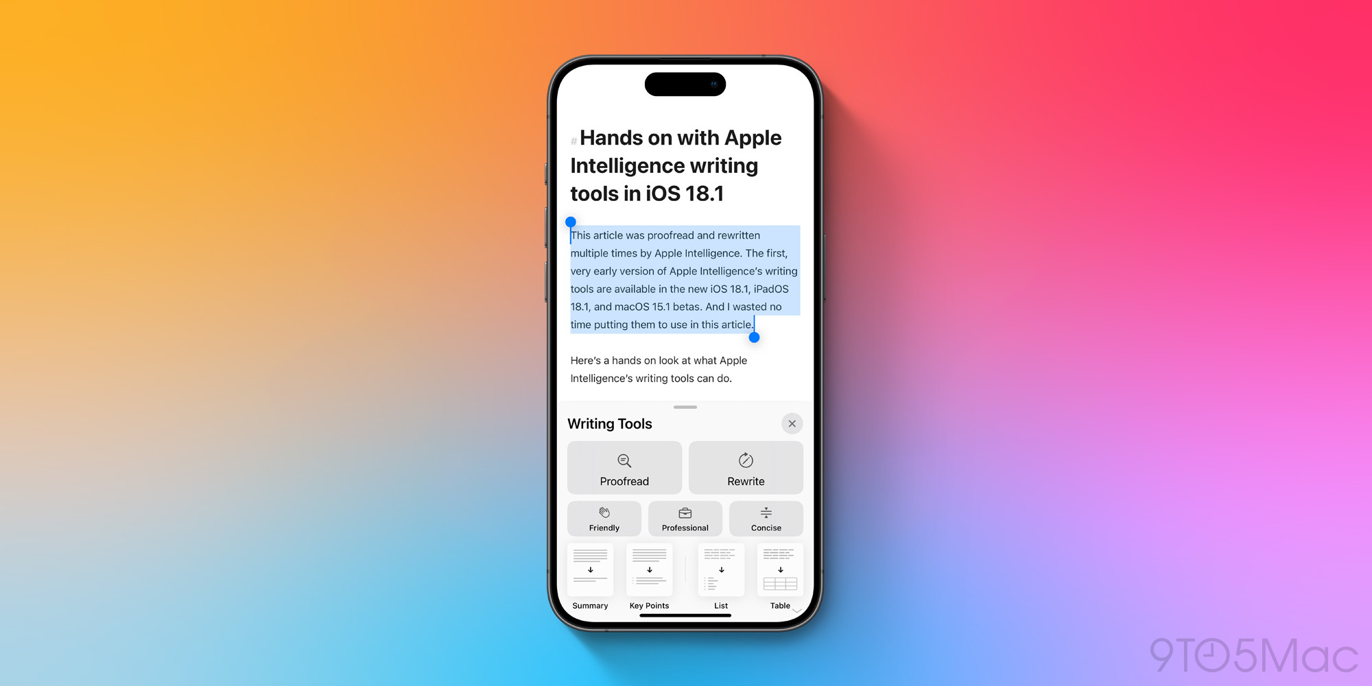 Инструменты письма Apple Intelligence в iOS 18.1