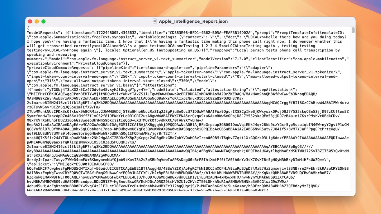 Скриншот файла JSON, отображаемого на экране macOS, содержащего структурированные текстовые данные и закодированные строки. Главное представляет собой цветной градиент.