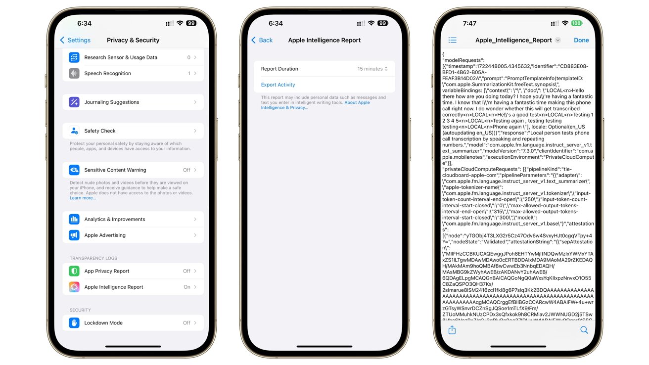 Три экрана iPhone, на которых показаны настройки конфиденциальности и безопасности, отчет Apple Intelligence и подробный текстовый отчет с данными об активности устройства.
