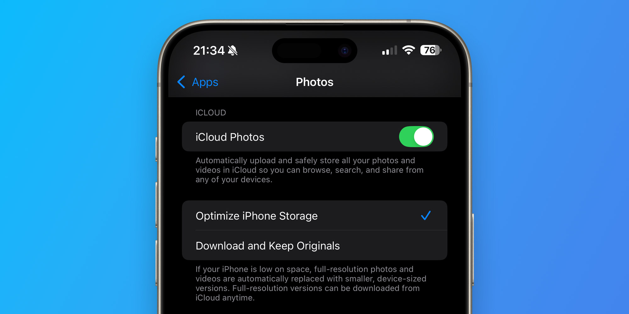 Настройки хранилища фотографий iCloud