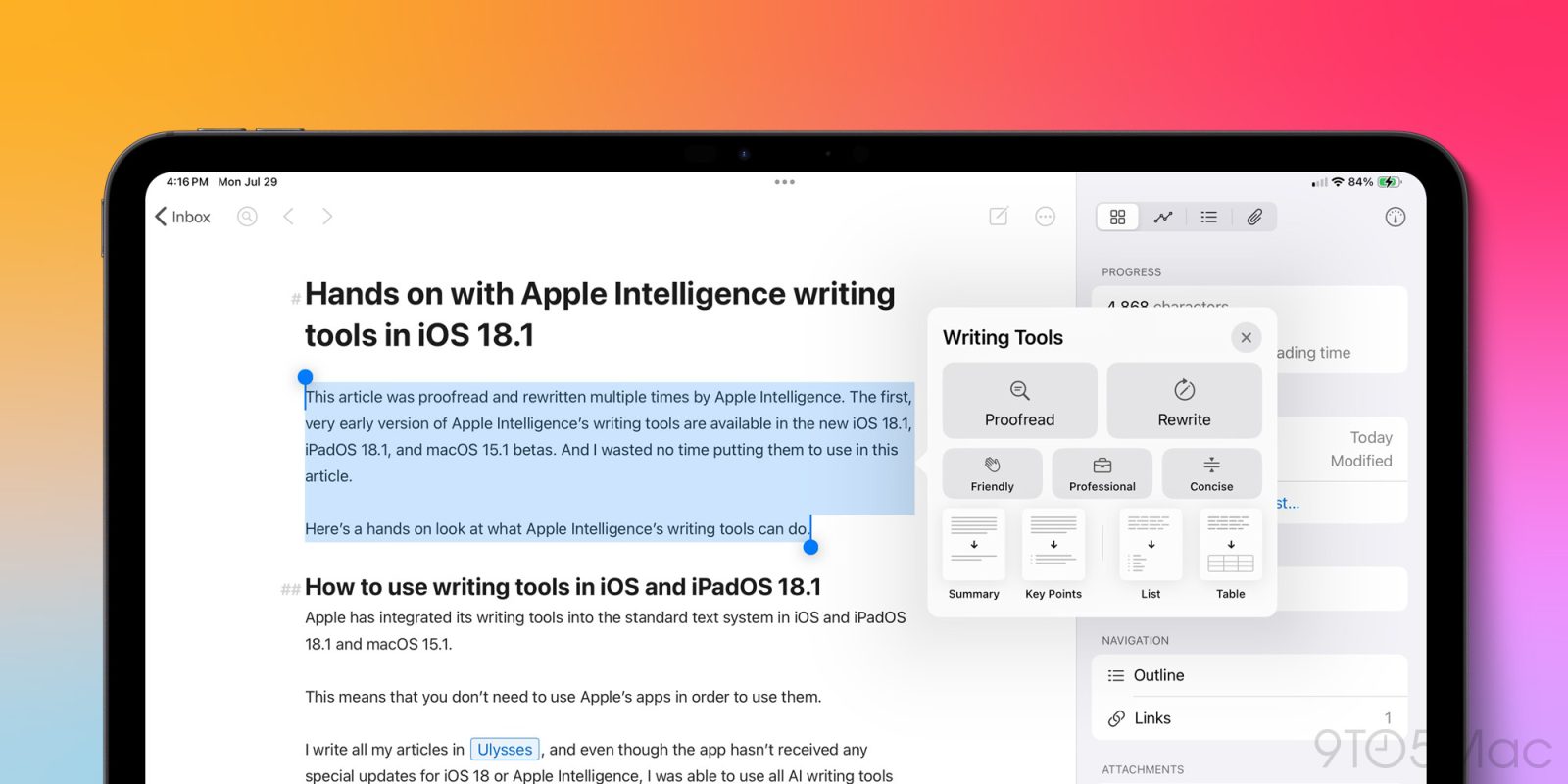 Инструменты письма Apple Intelligence в iPadOS 18.1