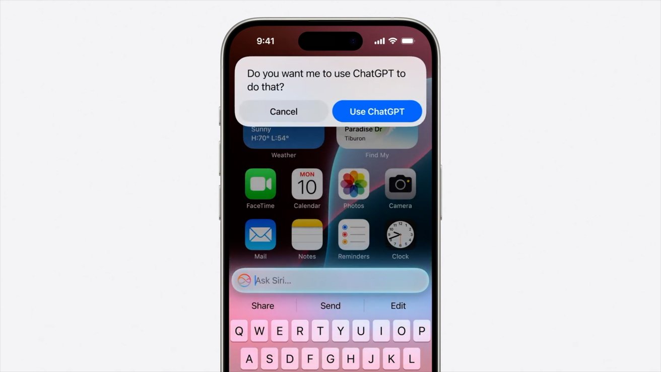 iPhone с всплывающим окном, предлагающим использовать chatGPT для вопроса