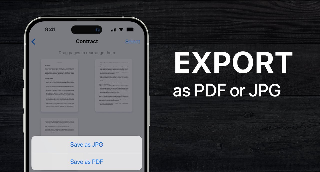 Экран Apple iPhone, на котором отображаются параметры экспорта в PDF и JPG, рядом с текстом «ЭКСПОРТ в PDF или JPG» на темном фоне.