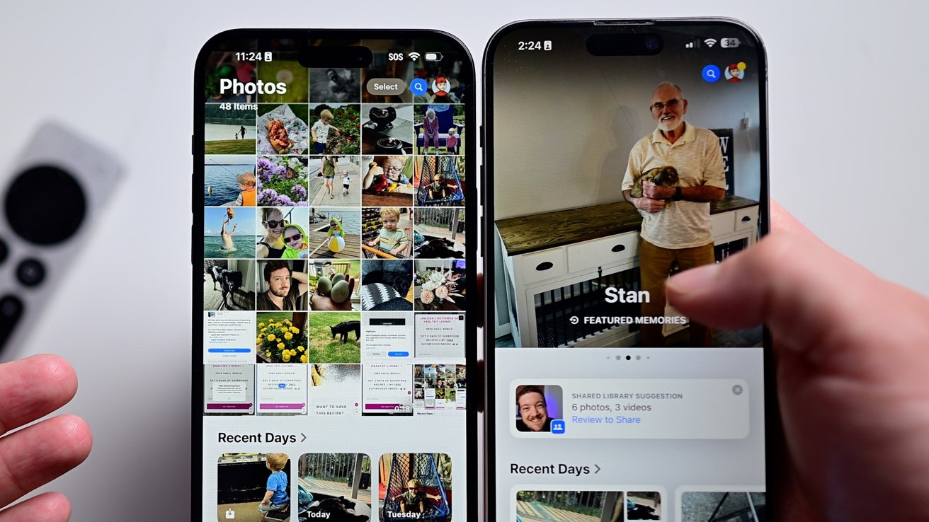 Два iPhone на белом столе, слева показано новое приложение для работы с фотографиями, справа — старая версия. На левом изображении сверху показана сетка фотографий, а на старом главном изображении — обложка.