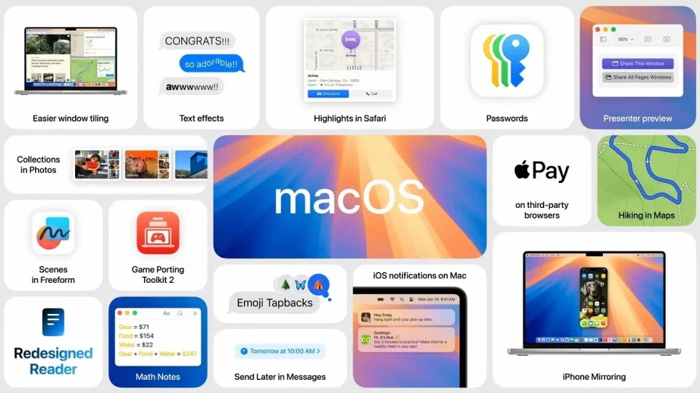 Функции обновления macOS включают в себя более простое размещение окон, текстовые эффекты, набор инструментов для портирования игр, выделение цветом в Safari, дублирование iPhone, улучшенную безопасность, переработанный ридер и пешеходные маршруты в Картах.