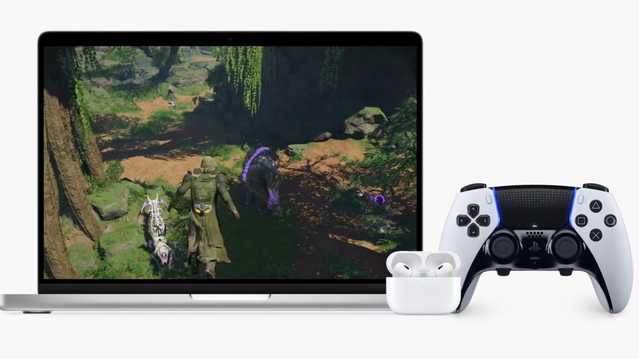 MacBook с фэнтезийной видеоигрой на экране, рядом с ним белый игровой контроллер и беспроводные наушники в зарядном чехле.