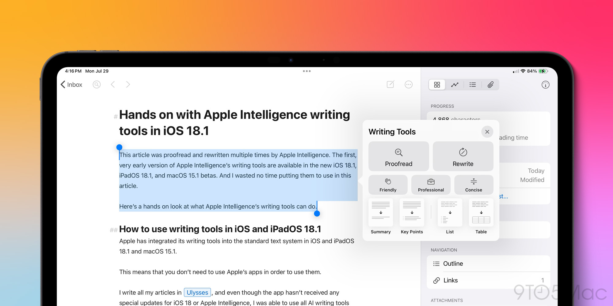 Инструменты письма Apple Intelligence в iPadOS 18.1