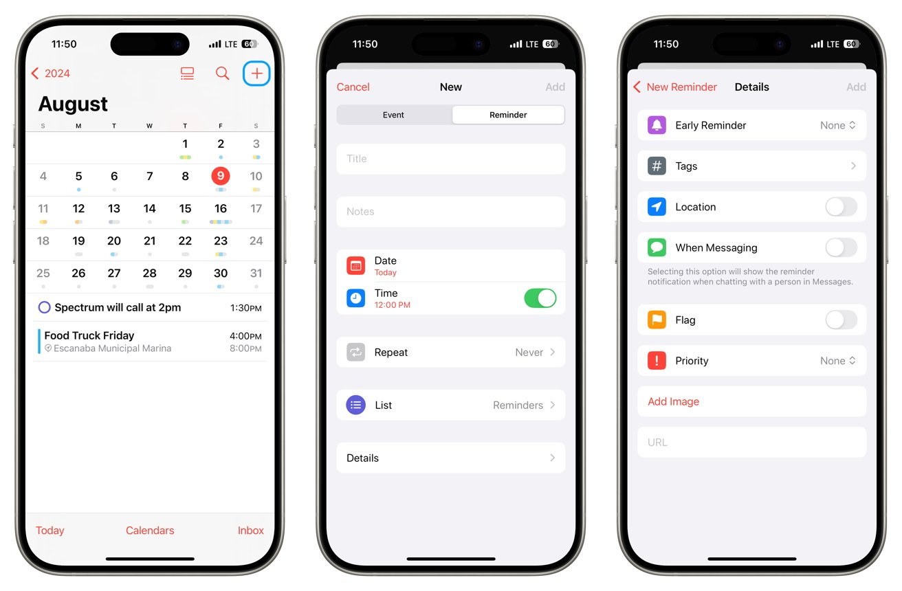 Три экрана iPhone, на которых отображается календарь, форма напоминания о новом событии и подробные настройки напоминания, включая время, дату, место и параметры приоритета.