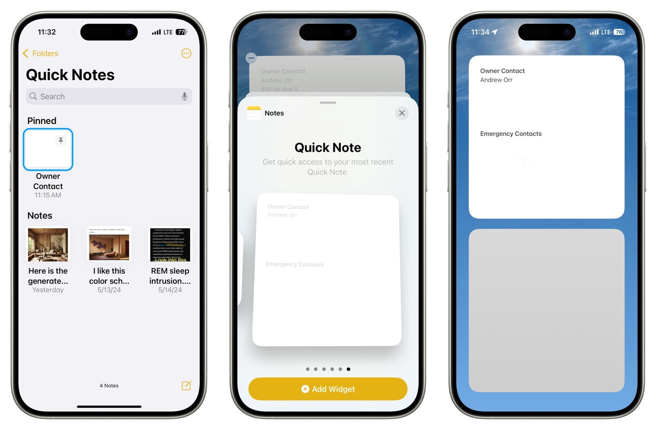 На трех экранах iPhone отображаются различные представления приложения «Заметки», включая список заметок, виджет быстрых заметок и карточку экстренного контакта.