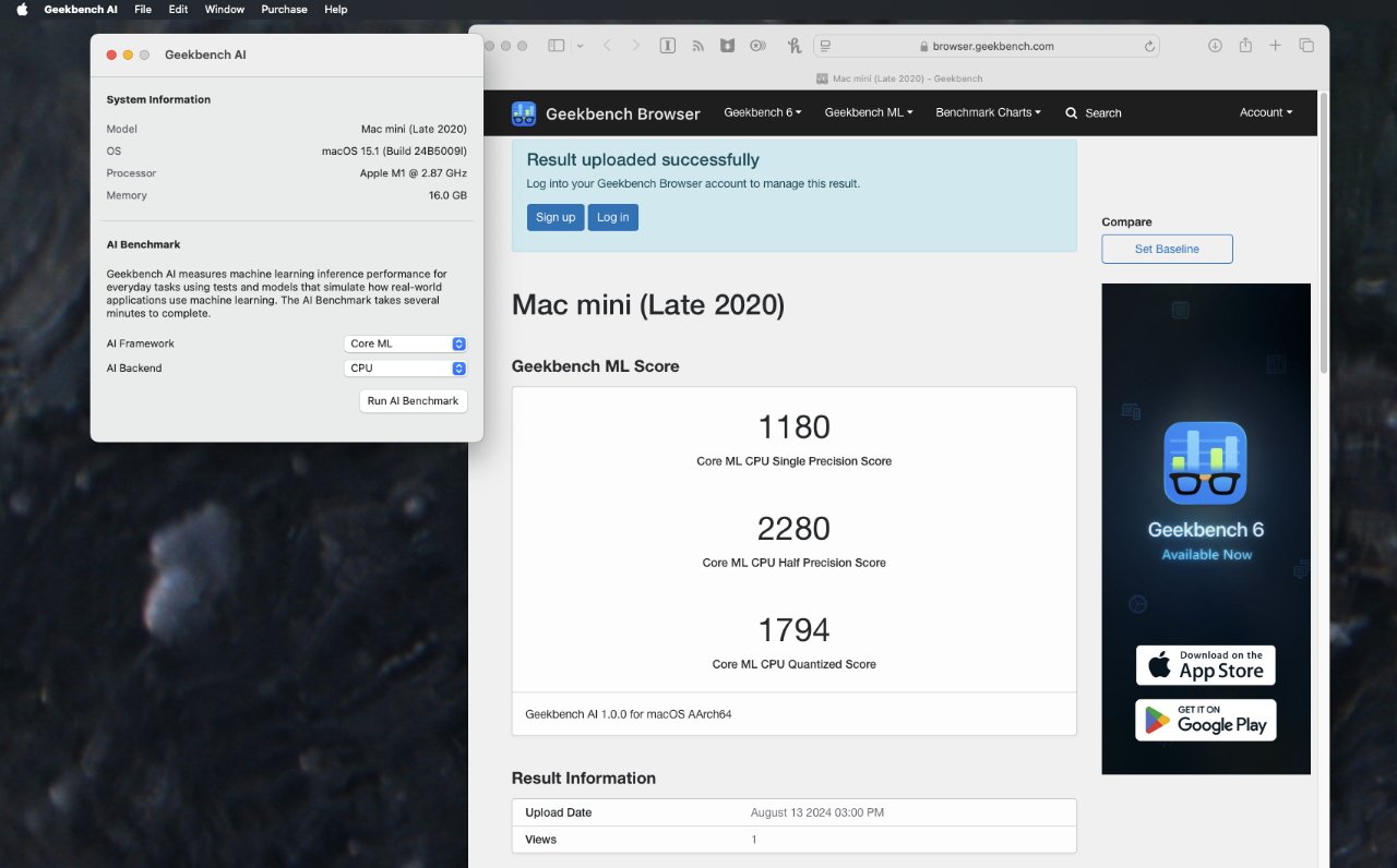 Скриншот результатов теста производительности ИИ Geekbench для Mac mini (конец 2020 г.), показывающий 1180, 2280 и 1794 для различных тестов точности, с подробностями теста слева.