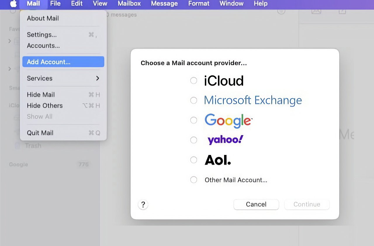 Приложение Mail, показывающее варианты добавления учетных записей из iCloud, Microsoft Exchange, Google, Yahoo!, AOL или другой учетной записи Mail. Кнопки «Отмена» и «Продолжить» находятся внизу.