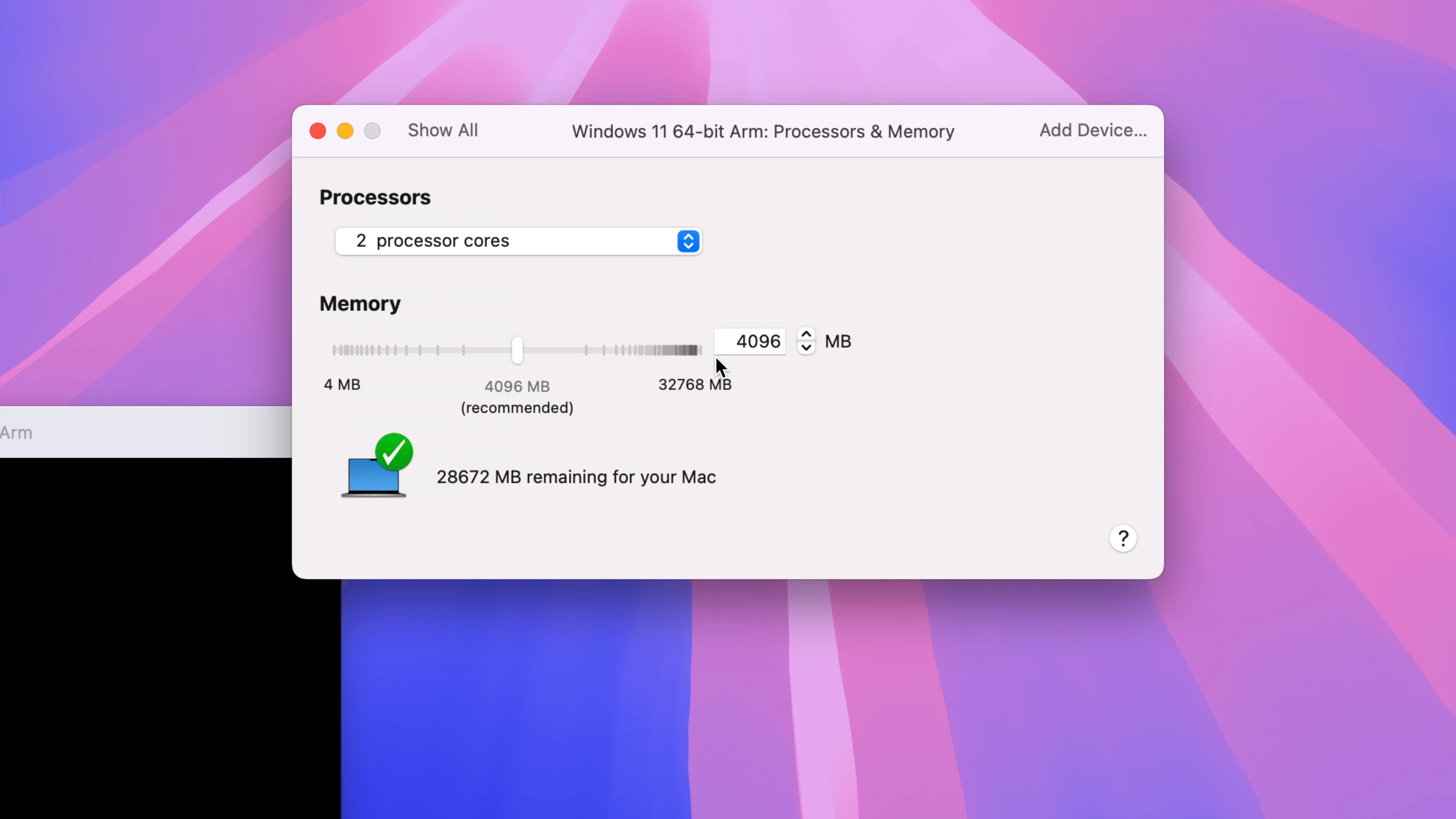 Windows 11 на Mac с VMware Fusion Pro бесплатно - Процессоры и память