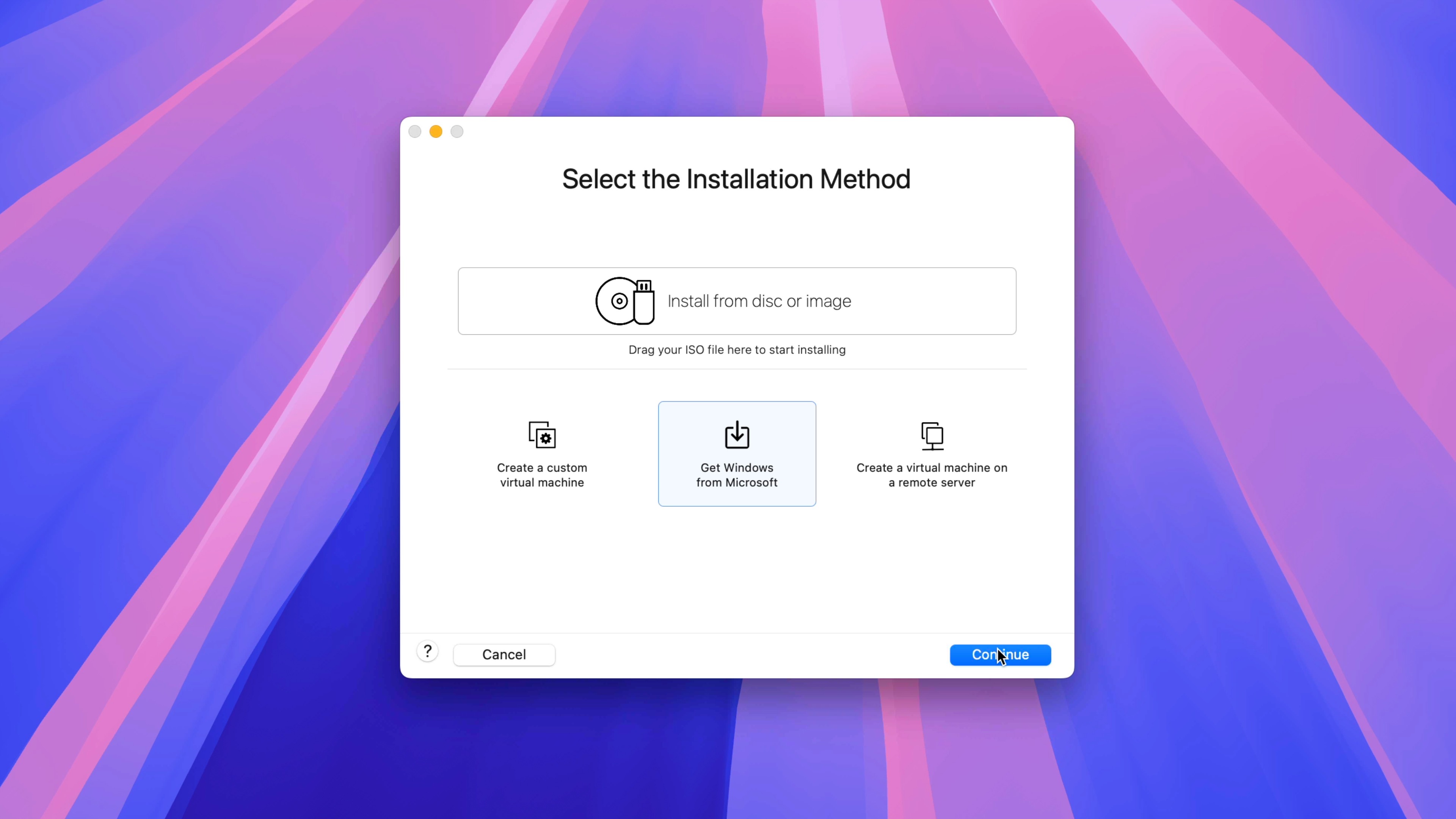 VMware Fusion Pro — выберите метод установки
